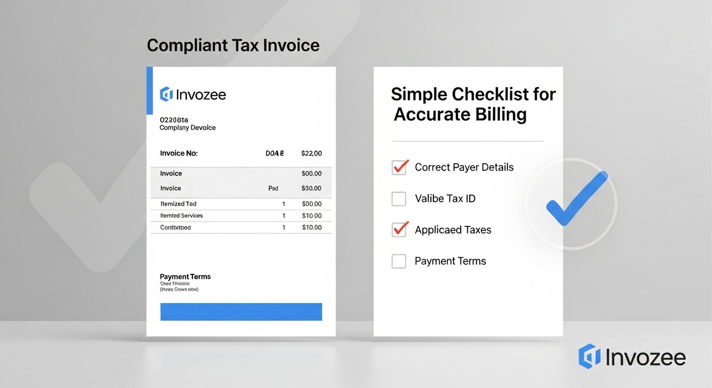 Accountant reviewing a compliant tax invoice checklist on a laptop