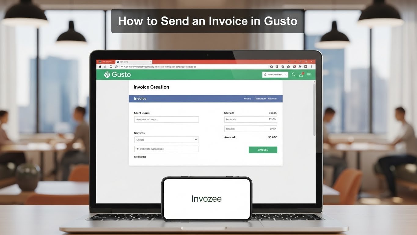 Business owner managing invoices in Gusto alongside an invoicing dashboard