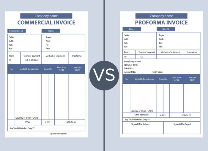 Tax invoice vs commercial invoice comparison on a desk